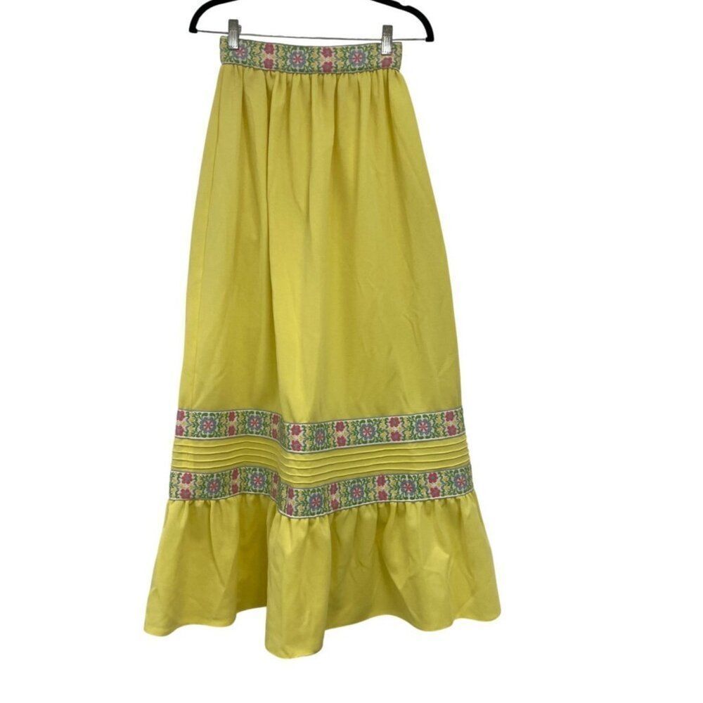 VTG Vicky Vaughn Womens Midi Skirt XXS Yellow Floral Trim Embroidered 24" waist